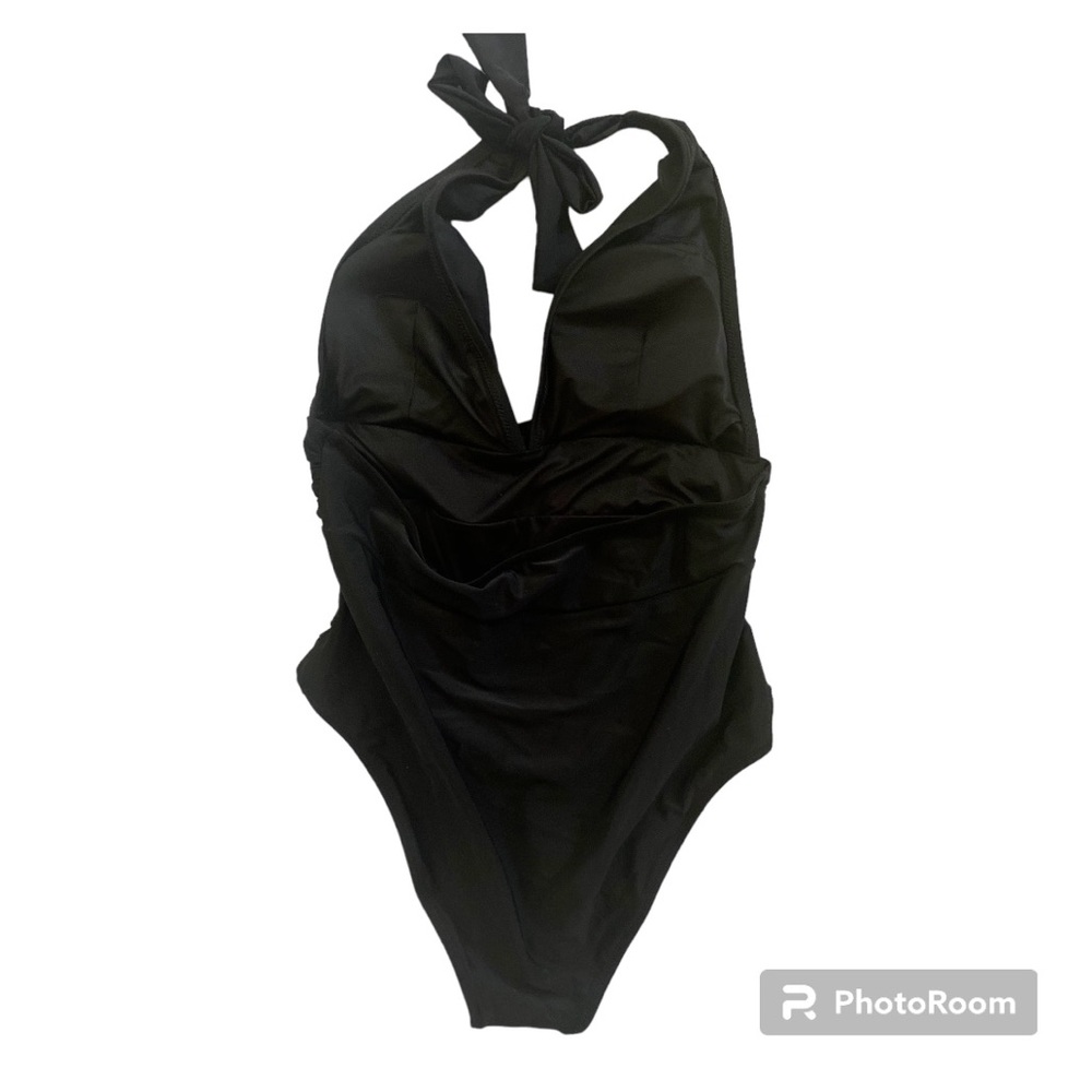 Cupshe Black Ruched Halter One Piece Swim tummy control w/ O’Nei cover up